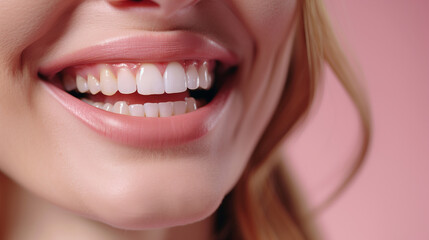 Obraz premium Close-up of a woman's smile with perfect white teeth. The pink lips are slightly parted, revealing smooth and shiny teeth. A delicate pink background that gives the image a softness