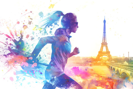 Female runner in Paris city with  the Tour-eiffel, collage of color splashes, digital illustration on a white background. Sport fitness and active lifestyle. Punchy colors. Spacy text