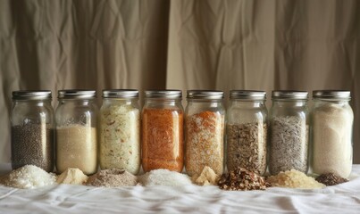 glass jars with grains, ingredients, seasonings in a line on table against beige fabric, unique labels, natural arrangement