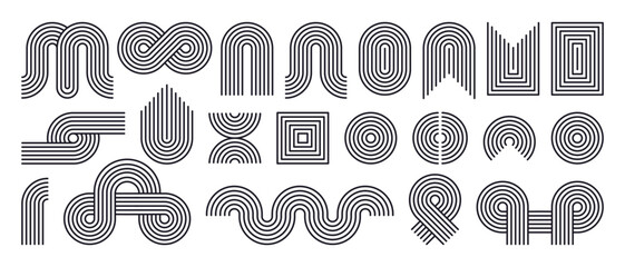 Abstract bauhaus arch figures. Geometric striped shapes, modern memphis design elements flat vector illustration set. Minimalist contemporary shapes