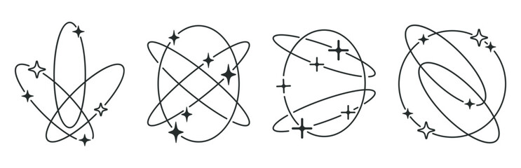 Abstract y2k shapes. Outline minimalist figures with stars and sparkles, trendy y2k aesthetic shapes flat vector illustration set. Geometric modern frames