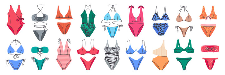 Beach swimwear. Women's colorful bikini, stylish bras and panties, one piece swimsuits, summer vacation garments flat vector illustration set. Swimwear fashion collection