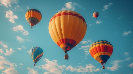 Obraz premium A vibrant hot air balloon festival with several colorful balloons floating gracefully against a blue sky and white clouds.