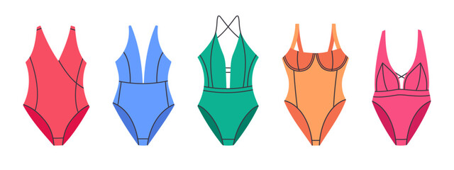One piece swimsuits. Summer vacation ladies swimwear, fashionable beach clothing, colorful women's swimsuits flat vector illustration set. Swimming monokini collection