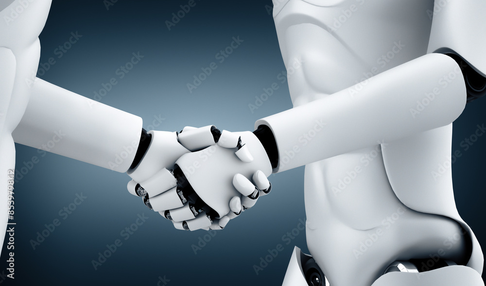 Poster mlp 3d illustration humanoid robot handshake to collaborate future technology development by ai thin