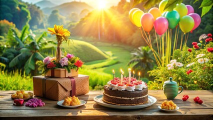 Naklejka premium Beautiful Greeting indonesian card, Birthday, cake with indonesian candles, gifts, indonesian flowers