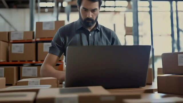 Entrepreneurial SME owner preparing boxes checking laptop inventory management, drop shipping, online business