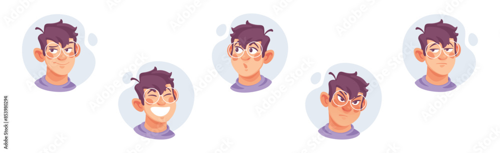 Aufkleber man in glasses showing different emotion vector set