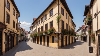 Obraz premium Medieval town street with old buildings and narrow alleys in Europe