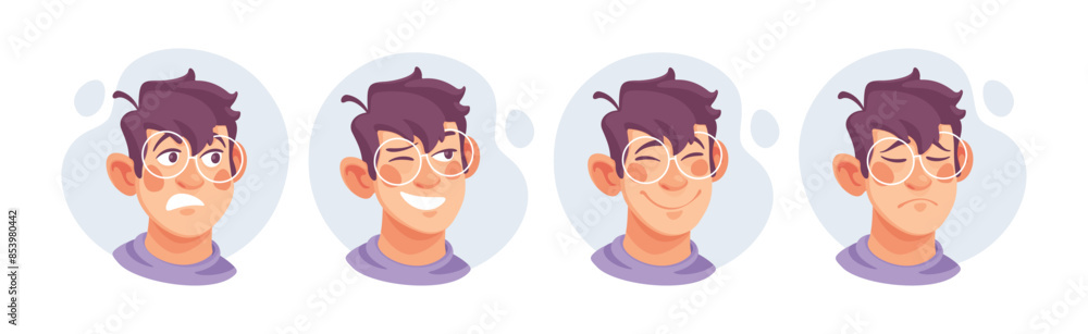 Poster man in glasses showing different emotion vector set