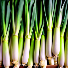 Fototapeta premium Farmers Market Leeks A vintage wooden box filled with fresh leeks their long green stems