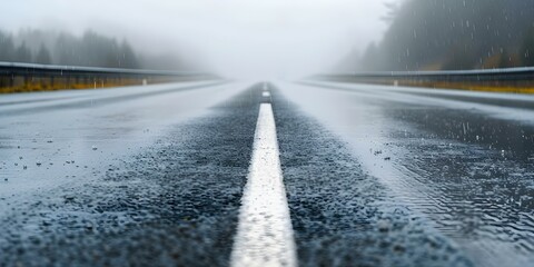 Wet slippery highway in bad weather shows dangers of driving in rain. Concept Rainy Weather, Slippery Roads, Driving Hazards, Wet Conditions, Safety Precautions