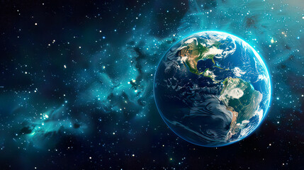 Ultra-detailed depiction of Earth from an outer space perspective realistic surface features and world map blue and green hues starry night backdrop sharp and precise illumination