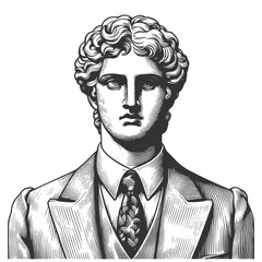 Businessman statue in suit classical sculpture, modern fashion with ancient art sketch engraving generative ai fictional character vector illustration. Scratch board imitation. Black and white image.