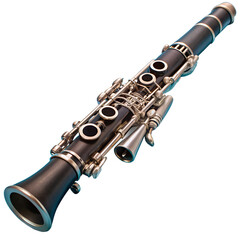 Naklejka premium Close-up image of a black clarinet showcasing its intricate keys and details against a white background, perfect for music-related content.
