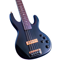 Close-up of a black electric bass guitar with four strings, showcasing the bridge, pickups, and control knobs.