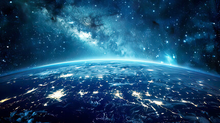 Obraz premium Ultra-detailed depiction of planet Earth from an outer space perspective showing realistic surface features and world map blue and green hues starry night sky backdrop