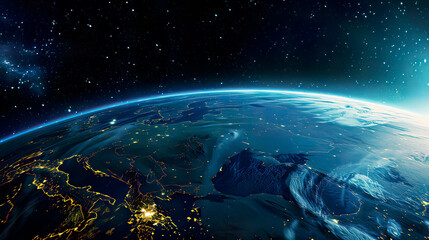 Obraz premium Ultra-detailed depiction of planet Earth from an outer space perspective showing realistic surface features and world map blue and green hues starry night sky backdrop