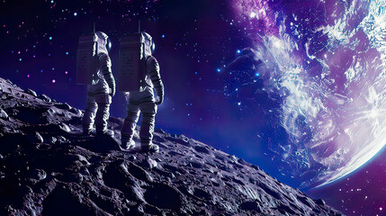 Obraz premium Ultra-detailed depiction of two astronauts standing on the moon looking at the Milky Way galaxy detailed lunar surface and starry sky and sharp colors high-tech moon colonization 