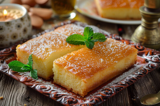 Middle eastern semolina cake basbousa. namoora, hareesa dessert. Turkish dessert.