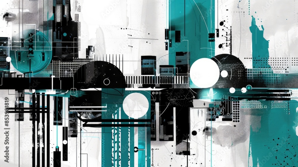 Poster abstract geometric shapes and lines in black, white, and turquoise. digital artwork of geometry shap