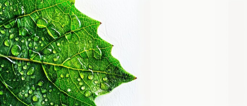Green leaf with water droplets on a blank background, providing clear copyspace