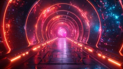 Obraz premium This image depicts a circular tunnel with a sci-fi galaxy theme and cosmic colors blending together