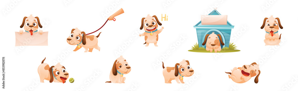 Sticker cute dog with collar as domestic pet engaged in different activity vector set