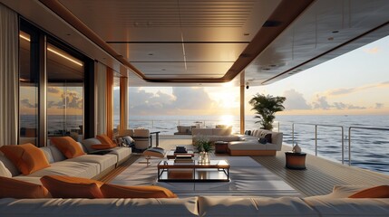 A luxurious yacht interior design, with large windows overlooking the ocean and a spacious living...