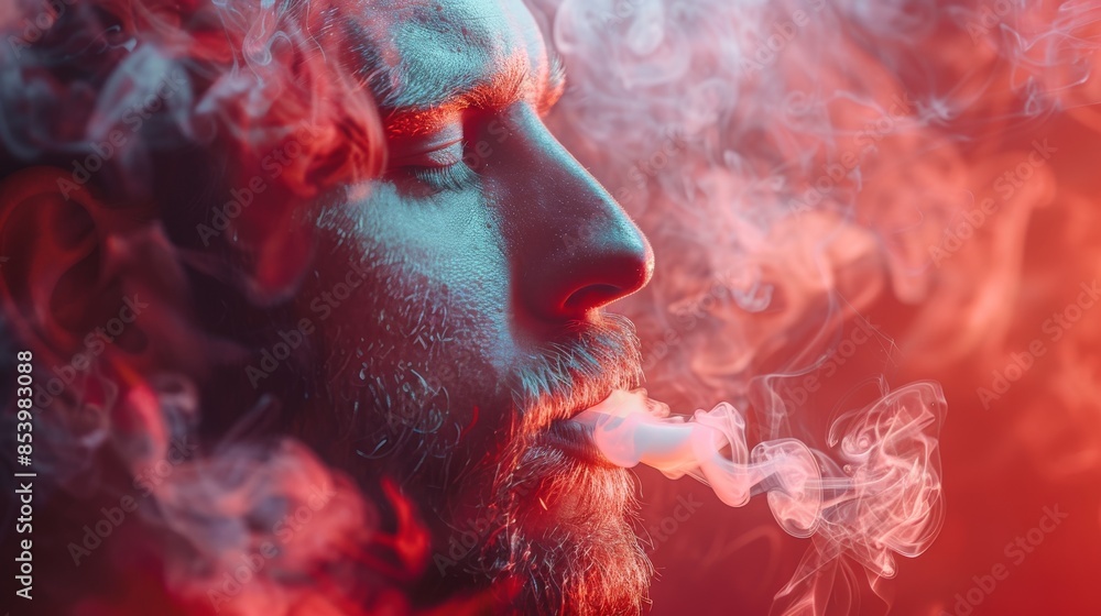 Poster an artistic image featuring swirling smoke patterns in a vibrant red and blue gradient background