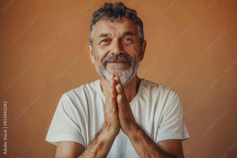 Wall mural Portrait of a satisfied man in his 50s joining palms in a gesture of gratitude isolated on pastel brown background - Wall murals