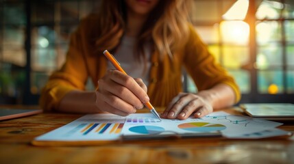 Fototapeta premium Woman working on colorful graphs and charts in cozy office environment. Business analytics and data visualization concept.