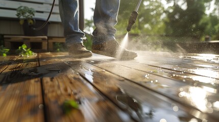  A person is using a power washer to clean a wooden deck.