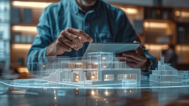 An architect working on a tablet with a holographic building model floating above the desk, wearing a blue shirt and jeans - Powered by Adobe