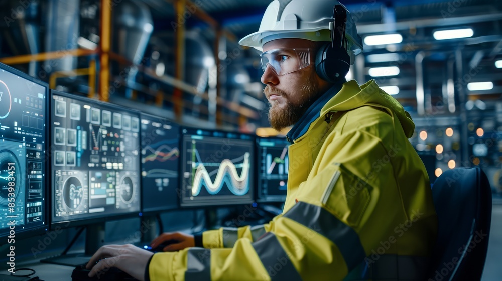 Poster futuristic digital control room with an industrial worker wearing a high visibility jacket and hard 