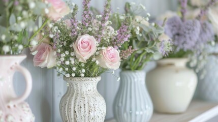 A close-up view of pink roses and babys breath arranged in ceramic vases, showcasing a soft, romantic ambiance.
