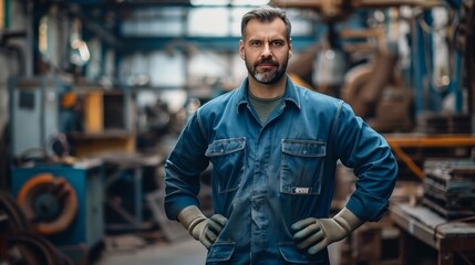 Obraz premium Portrait of a smiling bearded worker in overalls standing at a factory, looking at the camera