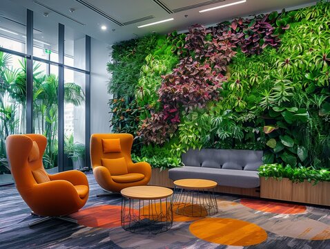 family relaxing room with a modern and futuristic design with wood and sova interior with a vertical garden of ornamental plants in it