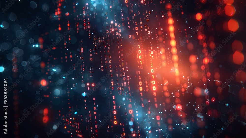 Poster binary code on screen with glowing red and blue lights