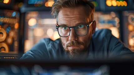 Focused engineer working in control room, surrounded by advanced technology, bright screens, and modern equipment, wearing glasses.