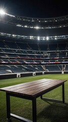 A product or pirce presentation table in a football arena or soccer stadium. Generative AI.