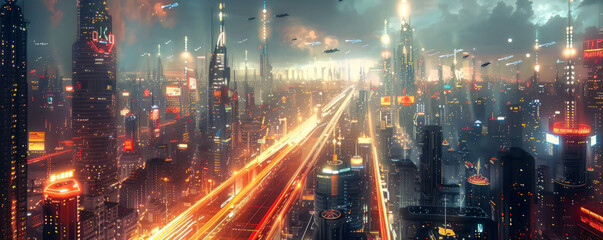 Obraz premium A futuristic cityscape with flying cars, towering skyscrapers, and holographic advertisements lighting up the night.