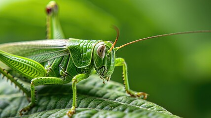 Fototapeta premium Close-up of vibrant green grasshopper on leaf