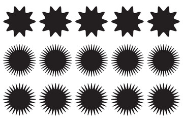 Set of black doodle-style stars drawn by hand. Grunge scrawls, charcoal scribbles, rough brush strokes, underlines and circles. Bold charcoal freehand stars. Crayon or marker scribbles