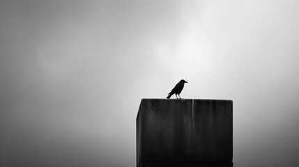 Stark black and white image featuring a bird silhouetted on a rooftop against a cloudy sky