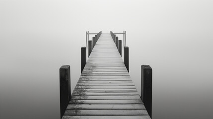 Obraz premium A serene and moody pier disappears into the dense fog, suggesting mystery and solitude