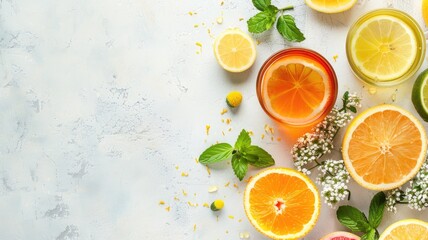 Colorful citrus fruits and drinks with fresh herbs on light surface