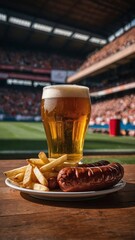 beer, fries and sausages on a product display in a soccer stadium. german soccer snack.. Generative AI.