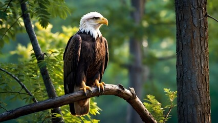 American bald eagle percched on the tree branch in the forest with a determined look in its eyes 
