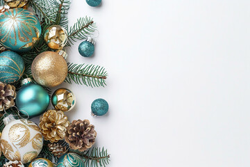 Christmas white background, flat lay copy space backdrop with Christmas decorations